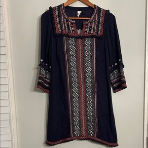Anthropologie Akemi + Kin Navy Tunic Dress with Red & White Embroidery